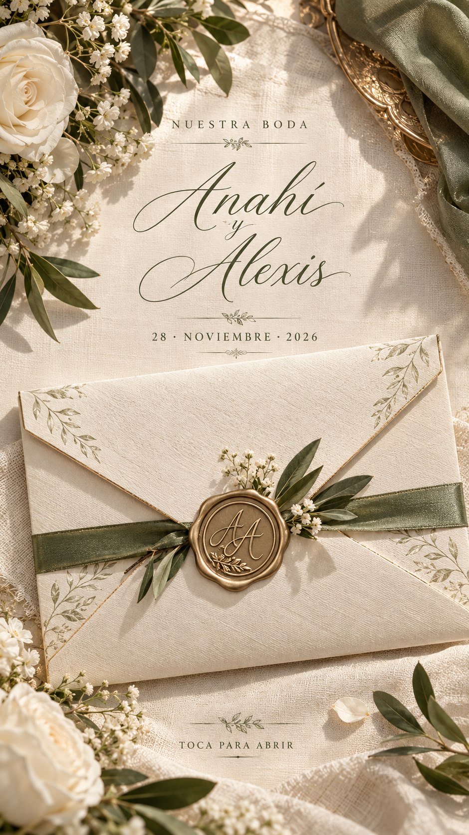 Invitación de lino marfil con flores y sobre con sello AA dorado
