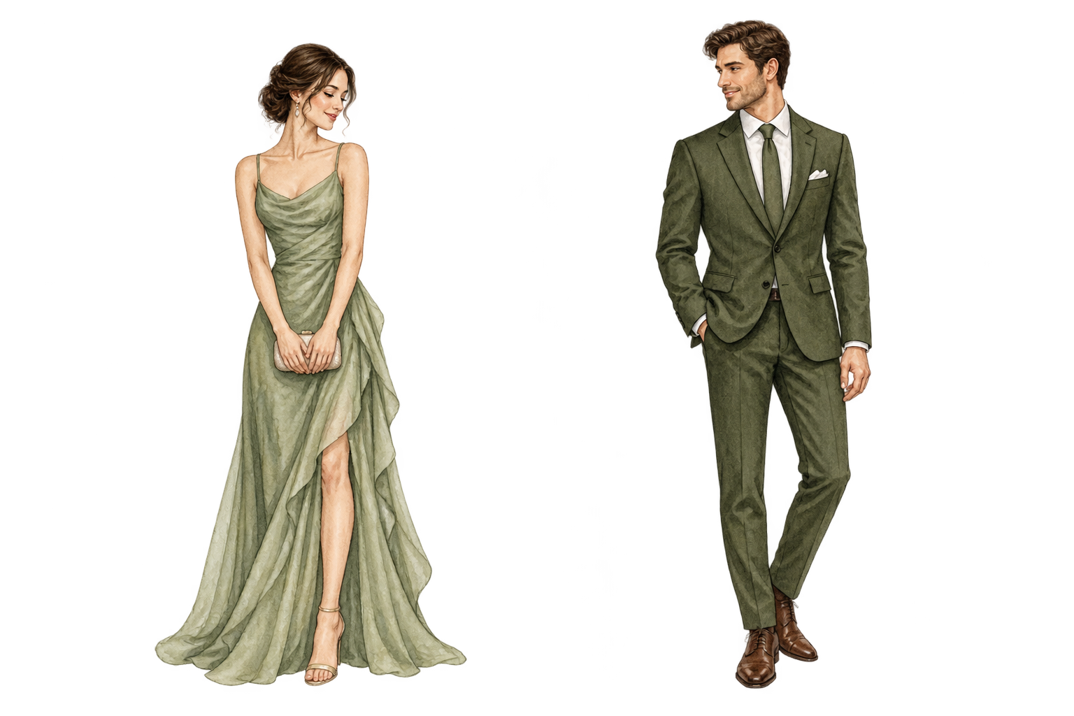 Dos ejemplos de vestimenta formal: vestido largo y traje con corbata, ilustrados en marcos arqueados